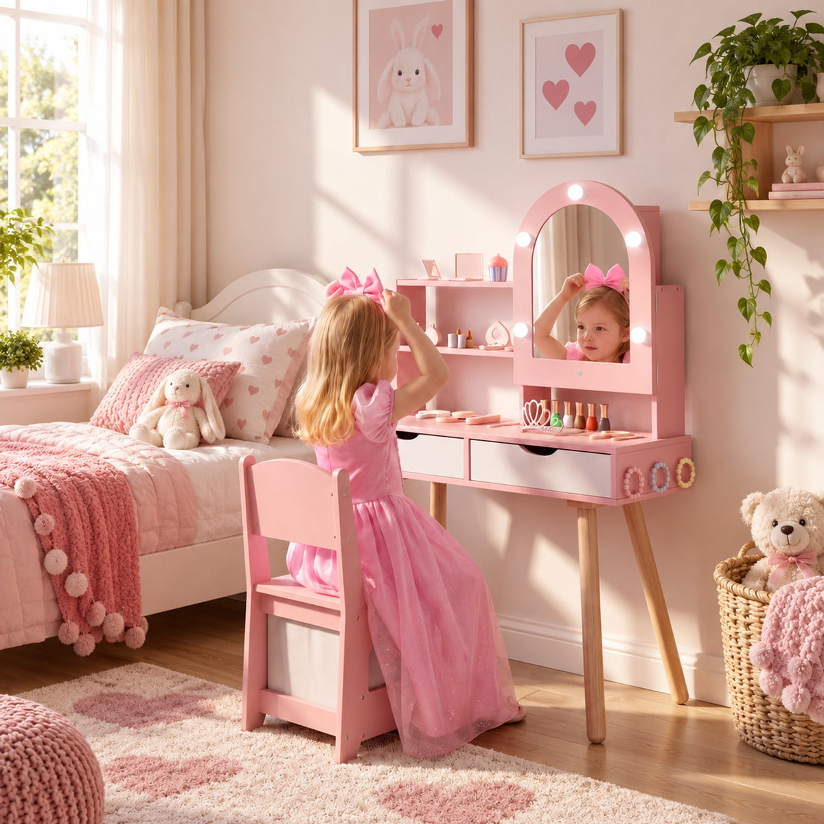 Airfind Kids Vanity Set Pretend Play Dressing Table Set with 3-Color Lighting Modes and Mirror Cabinet, 44 lbs Capacity, MDF Frame, Pink