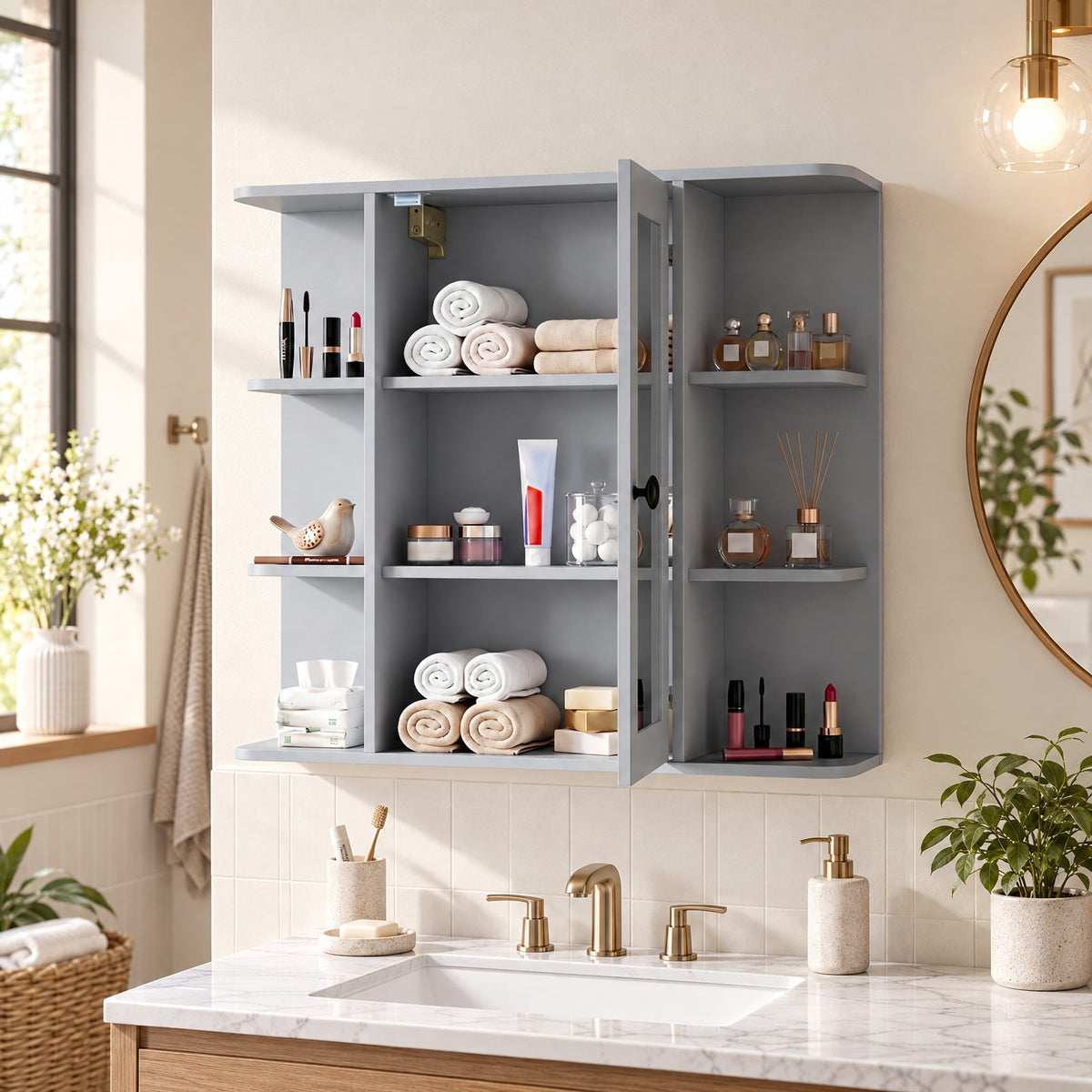 Airfind Wall Mounted Bathroom Medicine Cabinet with Mirror and Shelves, 120 lbs Capacity, MDF Engineered Wood Glass Frame, Gray