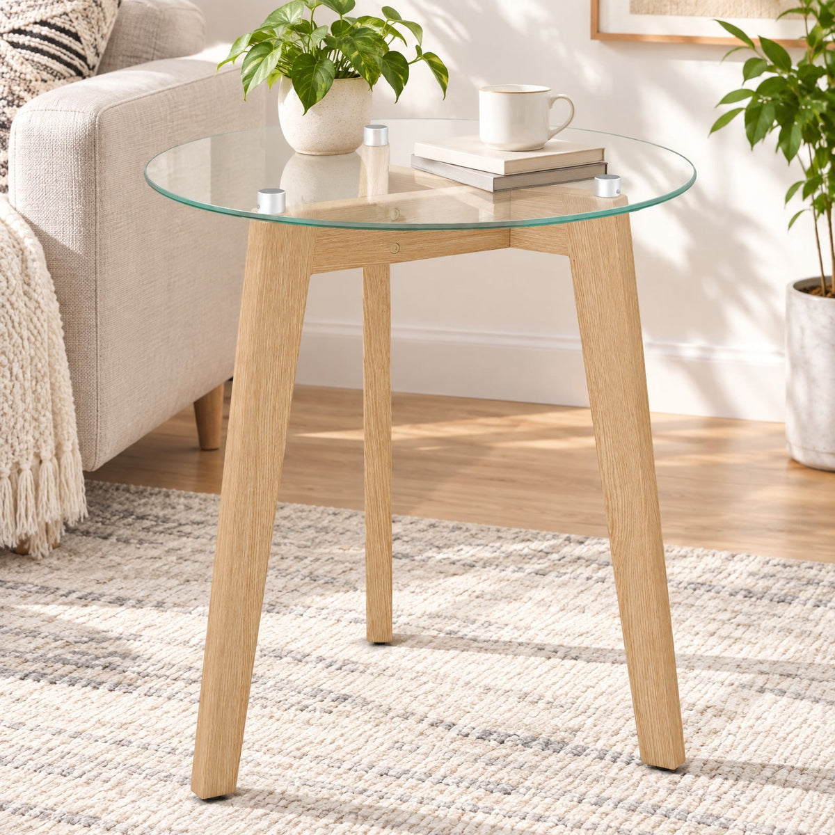 Airfind Tempered Glass End Table Round with Solid Rubber Wood Structure-1 Piece, 110 Lbs Capacity, Tempered Glass Rubber Wood Plywood, Natural