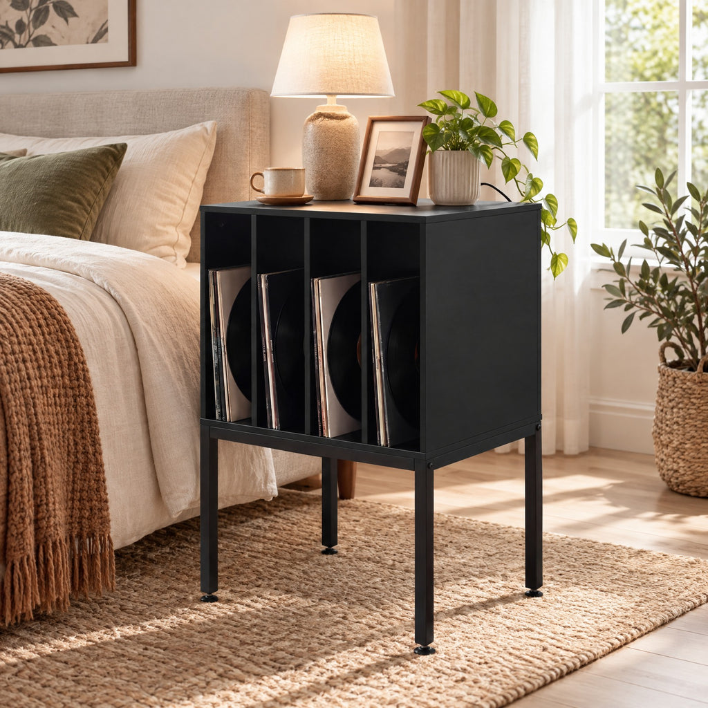 Airfind Turntable Record Player Stand with Power Outlets, 88 lbs Capacity, Engineered Wood Metal MDF Frame, 20 x 16 x 32 Footprint, Black