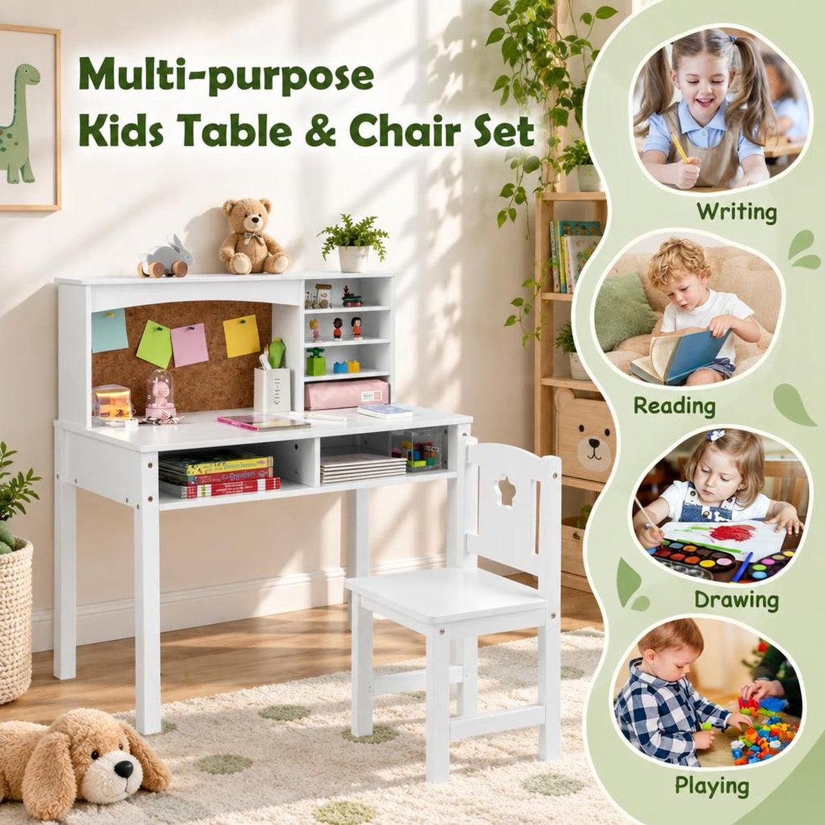 Airfind Kids Desk and Chair Set with Hutch and Bulletin Board for 3+ Kids, MDF Pine Wood Frame, 31 x 15.5 x 33.5 Footprint, White