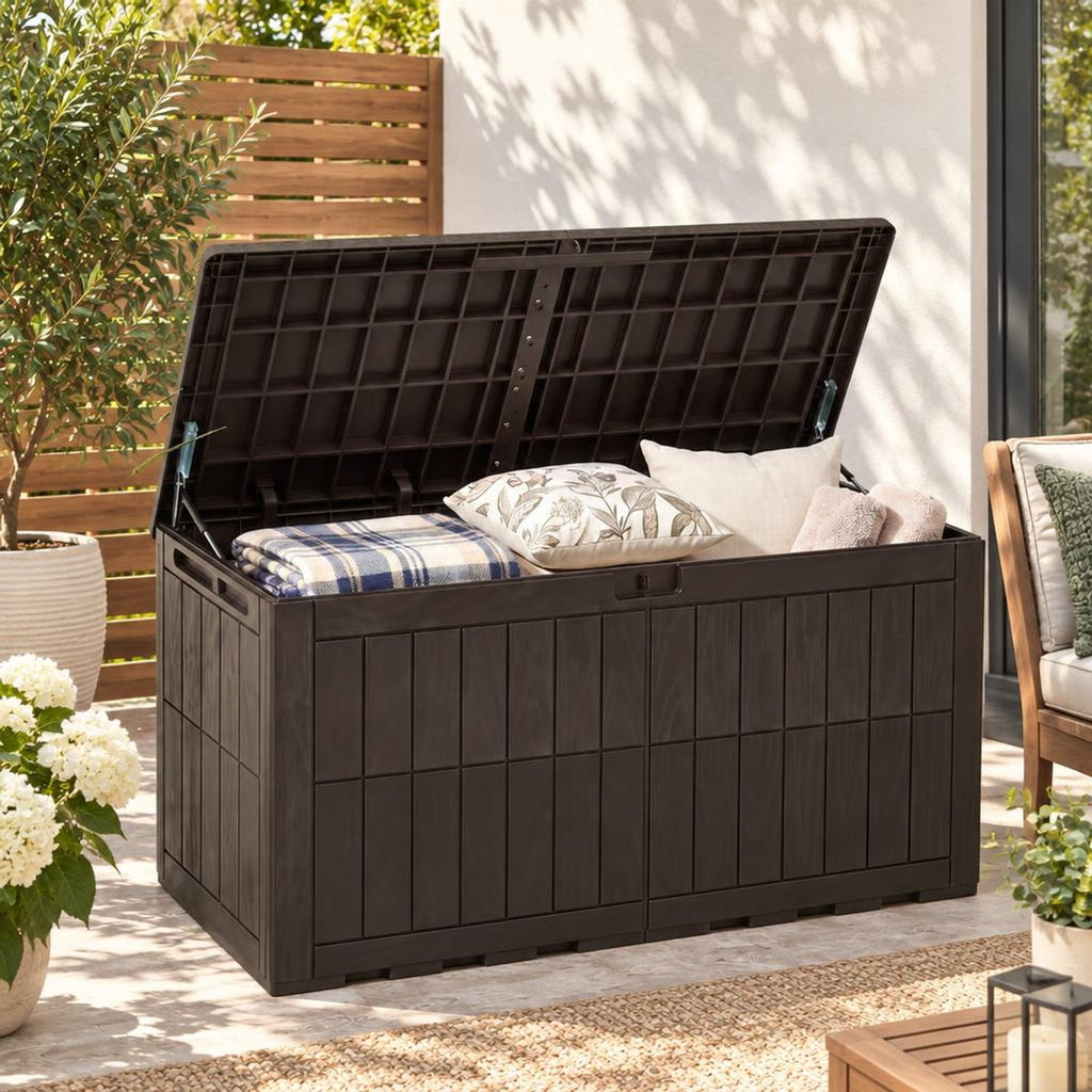 Airfind 120 Gal Outdoor Deck Box with Lid and Handles for Garden Tools, 540 lbs Capacity, PP Metal, 52 Inch x 24 Inch x 25 Inch , Brown