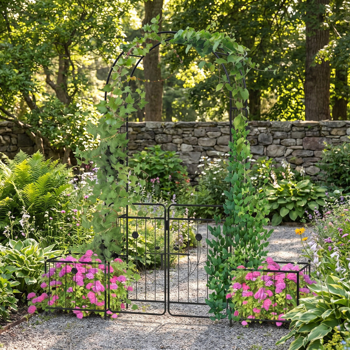 Airfind 87 Inches Garden Arbor with Lockable Gate Side Planters, Metal Frame, 80 x 20 x 87 Footprint, Black