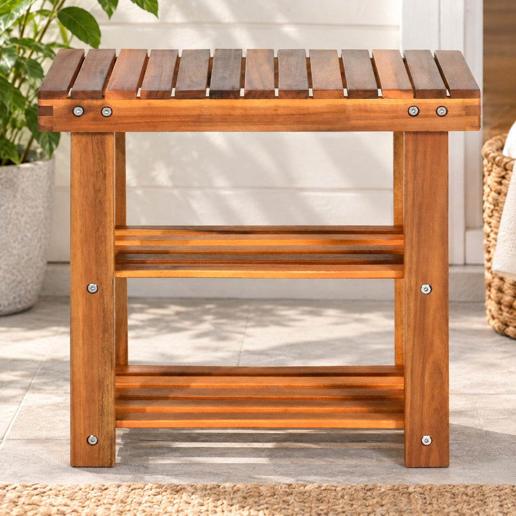 Airfind 3-Tier Wood Shoe Rack 19 Shoe Bench Boots Organizer, 180 lbs Capacity, Acacia wood Frame, 19 Inch x11 Inch x18 Inch Footprint, Wood