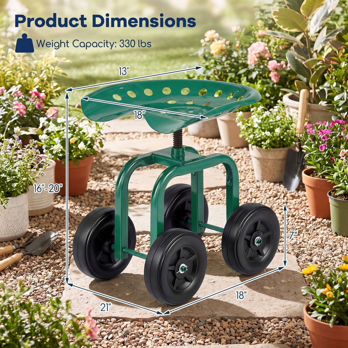 AIRFIND Rolling Garden Work Stool with 360-Degree Swivel Seat, Adjustable 16-19 in Height, 7 in Wheels and 330 lb Capacity, Green