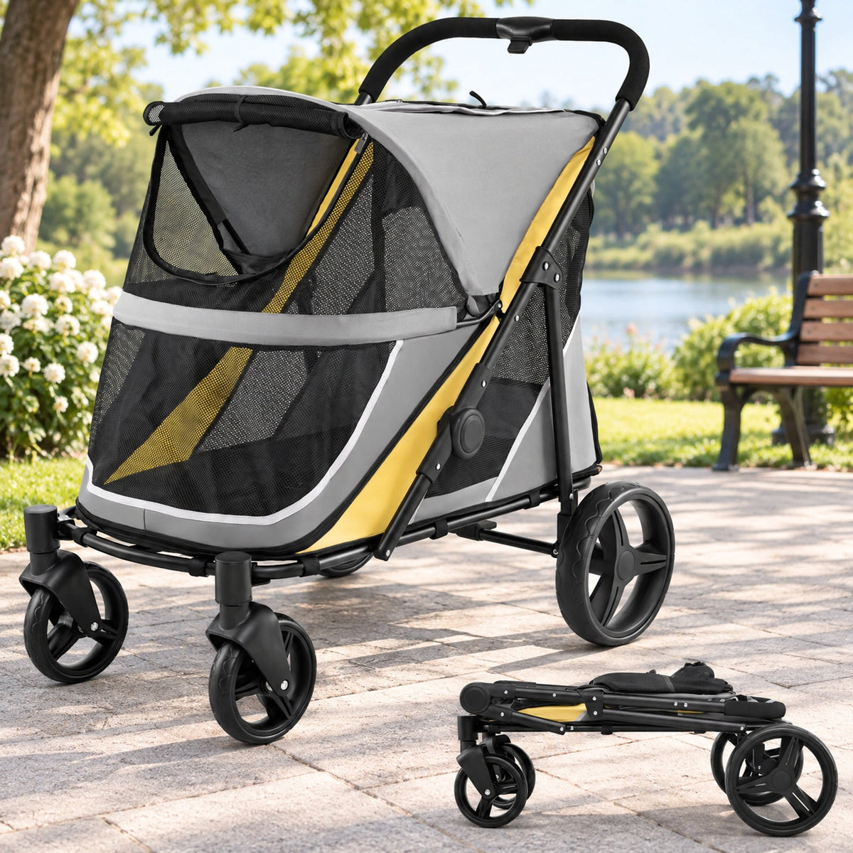 Airfind 220 LBS Heavy Duty Dog Stroller for Large and Medium Dogs with One-Step Foot Brake and Top and Front Windows, 41.5in x 27in x 40inCabin Footprint