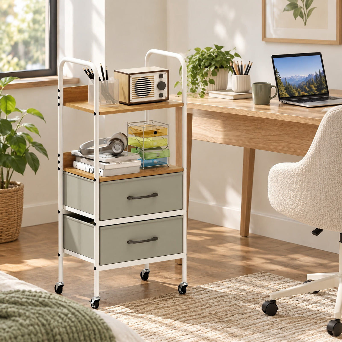 Airfind Rolling Utility Storage Cart with 2 Open Shelves and 2 Fabric Drawers, 22 lbs Capacity, Metal Engineered Wood Non-woven Fabric Frame
