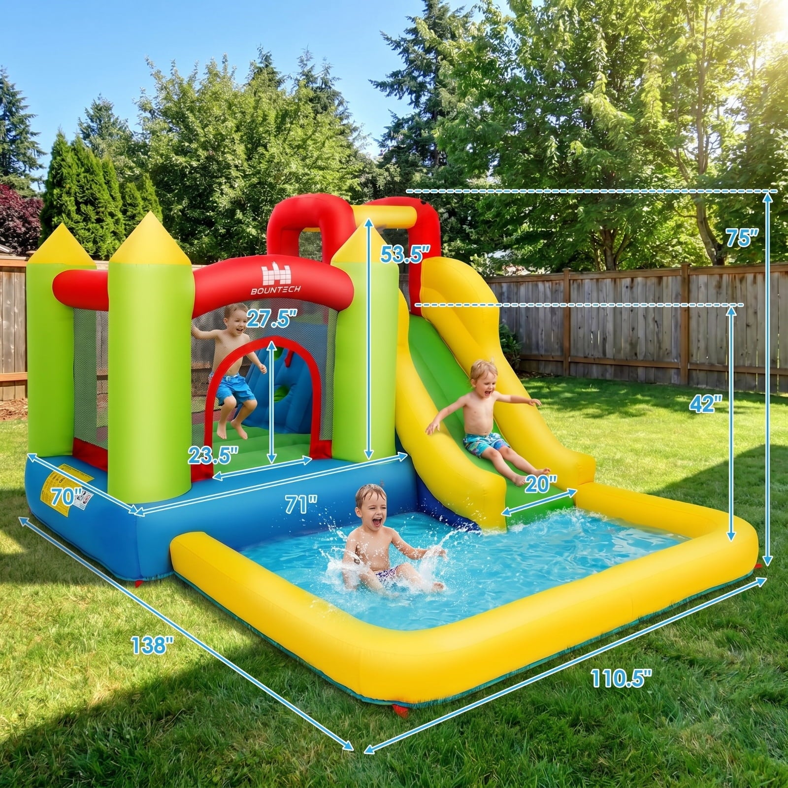 Airfind Outdoor Inflatable Bounce House with 480W Blower, Long Water Slide, Climbing Wall and Splash Pool, 138in x 110in x 75in Wet Dry Combo for Kids 3-10