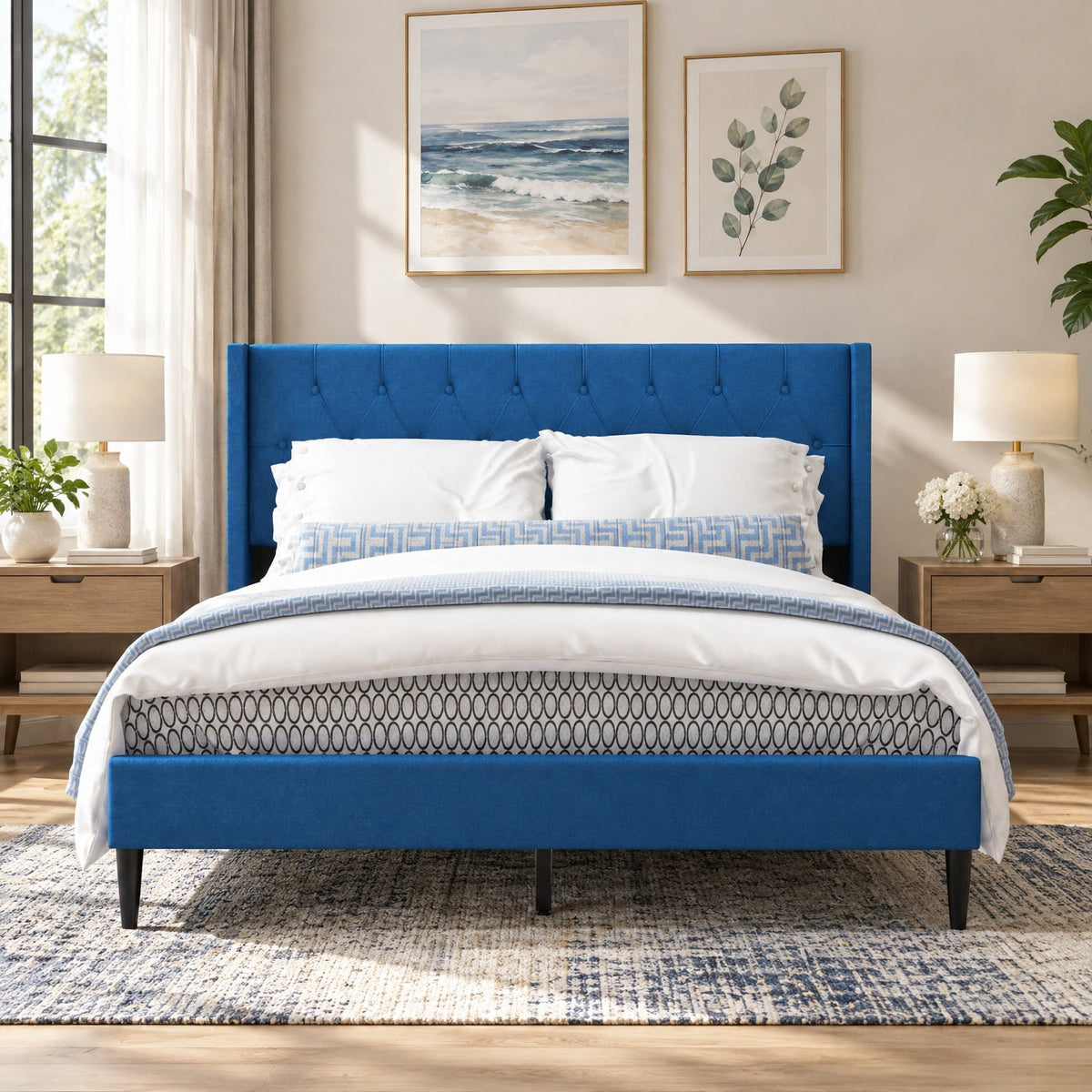 Airfind Queen Size Upholstered Platform Bed with Button Tufted Wingback Headboard, 550 lbs Capacity, Blue