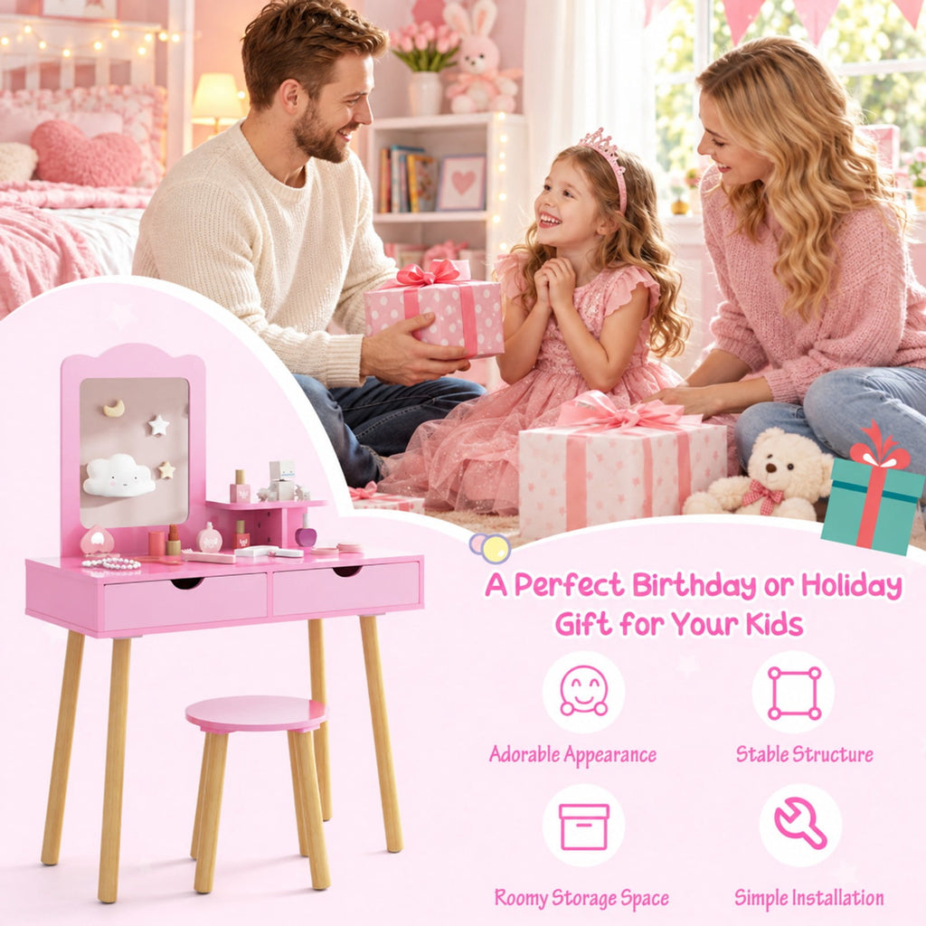 Airfind Kid Vanity Table Chair Set with Mirror and 2 Large Storage Drawers, 44 lbs Capacity, Pine wood MDF Frame, 28in x 13in x 39in Footprint, Pink