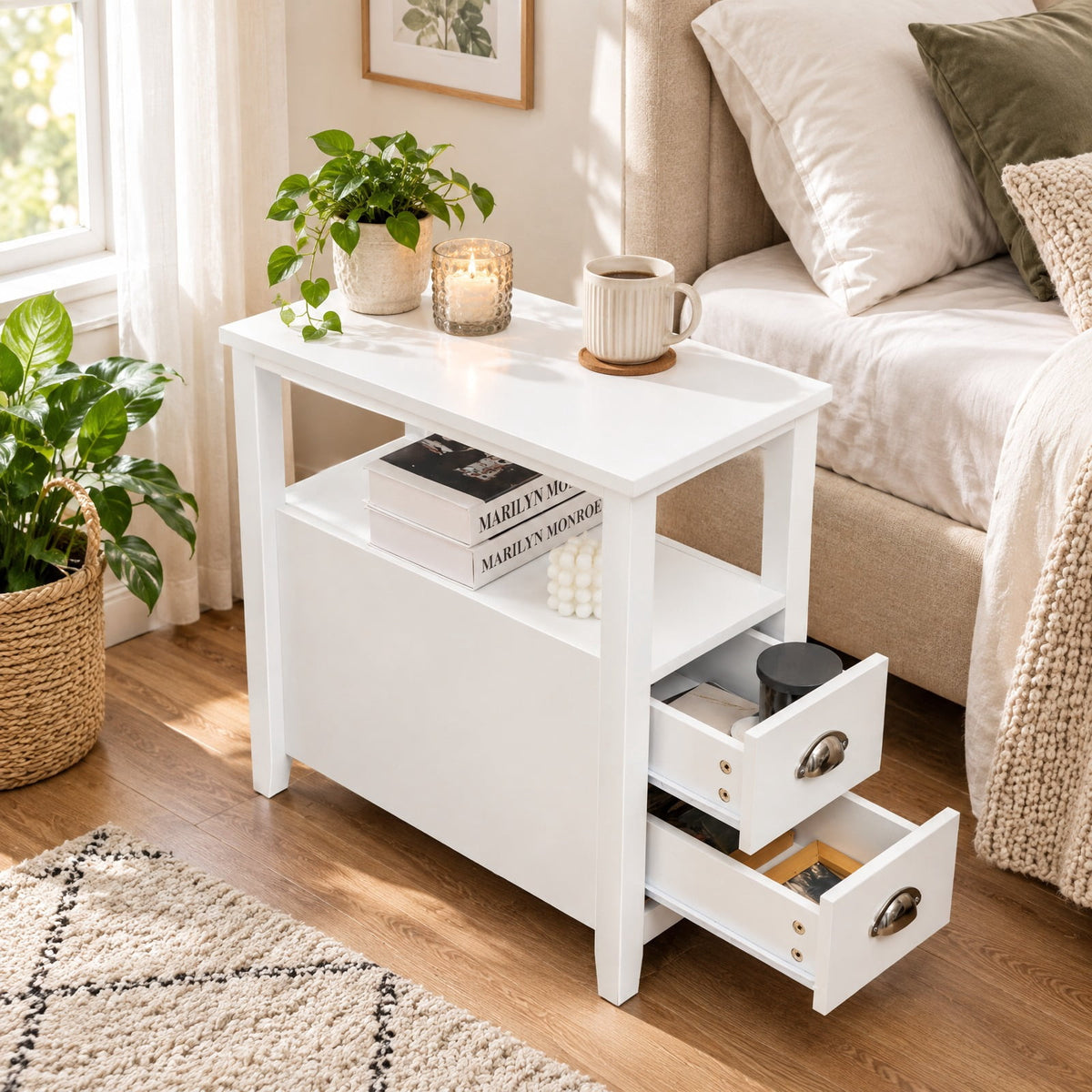 Airfind 2 Pieces Wooden Bed-side Nightstand Set with 2 Drawers, 33 lbs Capacity, Practice board Frame, White