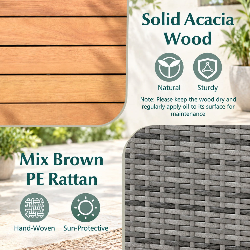 Airfind Outdoor Storage Cabinet with Acacia Wood Top and Lockable Wheels, 180 lbs Capacity, PE Rattan Acacia Wood Metal Frame, Gray