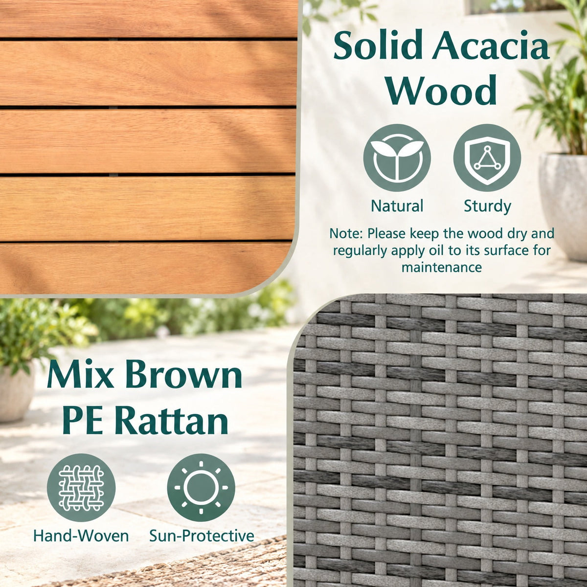 Airfind Outdoor Storage Cabinet with Acacia Wood Top and Lockable Wheels, 180 lbs Capacity, PE Rattan Acacia Wood Metal Frame, Gray