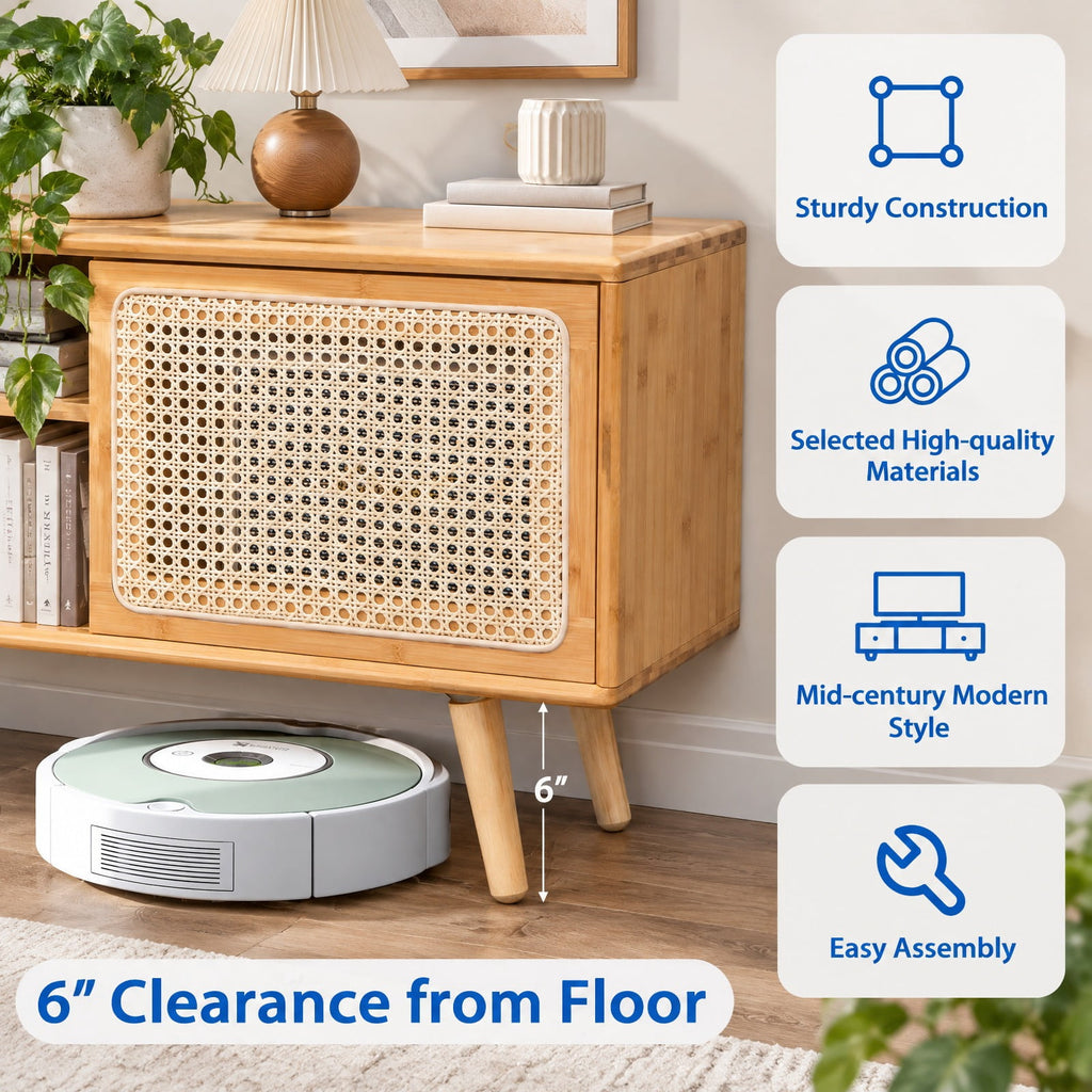 Airfind Modern TV Stand with Rattan Glass Sliding Doors, Bamboo Rubber Wood Rattan Tempered Glass Frame, 47.5 x 12 x 18 Footprint, Natural