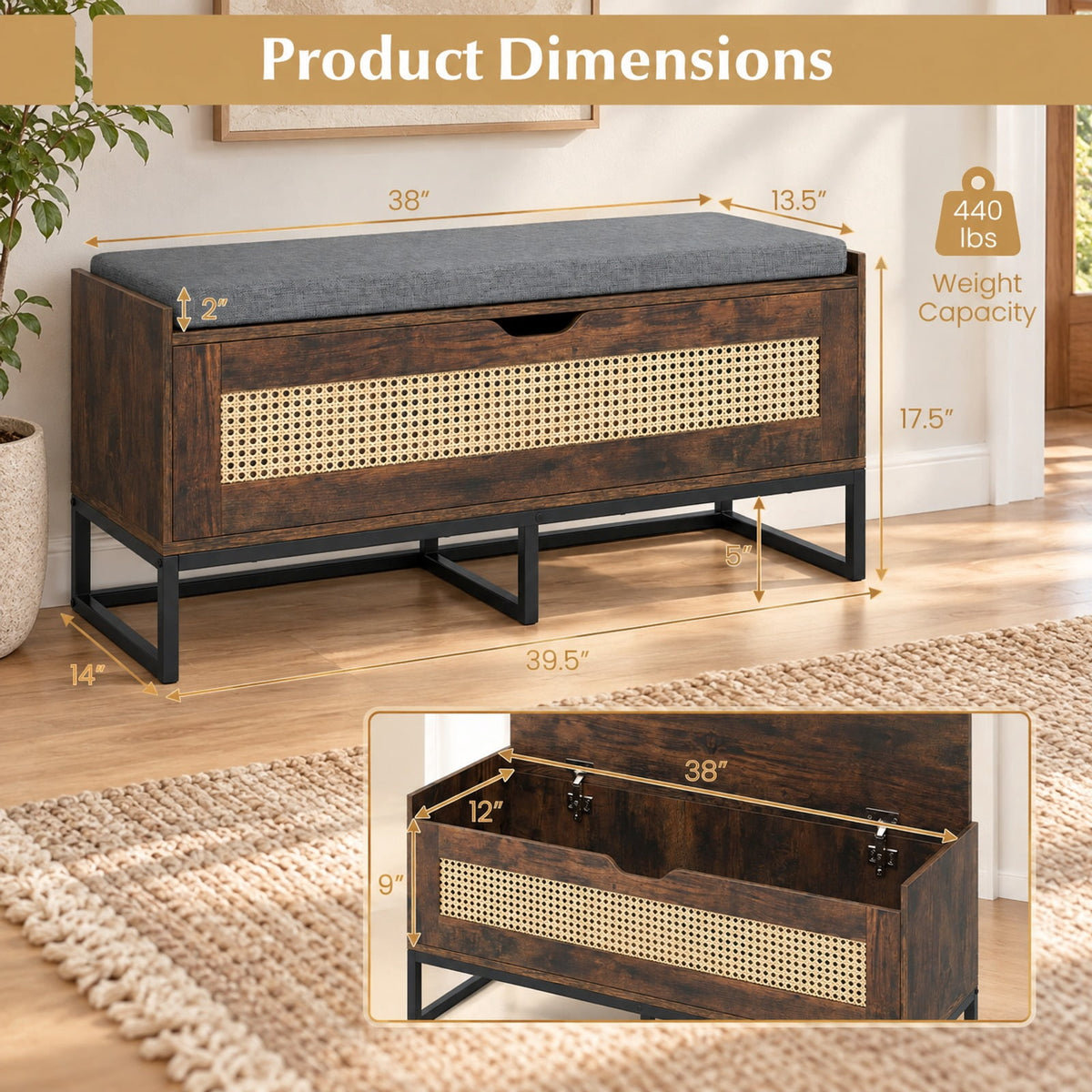 Airfind 39.5in Rattan Storage Chest Wicker Shoe Bench with Padded Seat Flip-Top, 440 lbs Capacity, Engineered Wood PE Rattan Metal Frame, Brown