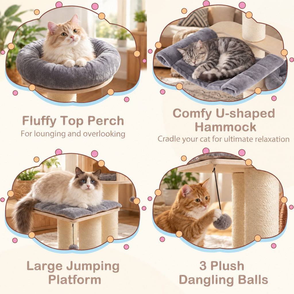 Airfind 4-Layer 68.5-Inch Wooden Cat Tree Condo Activity Tower with Sisal Posts, 33 lbs Capacity, Pine wood birch wood sisal plush Frame, Gray