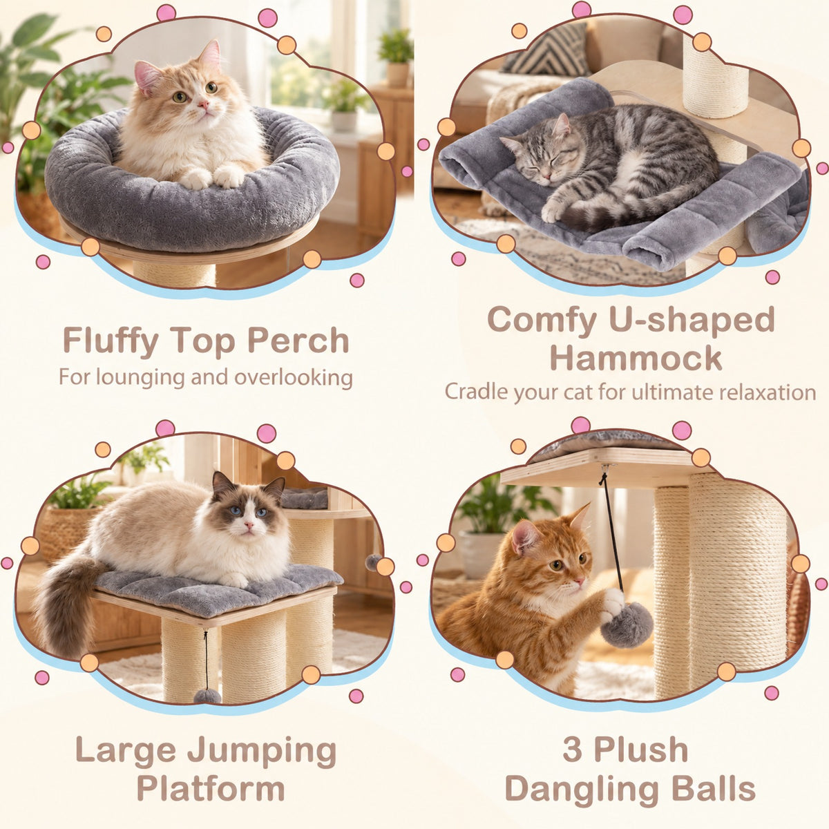 Airfind 4-Layer 68.5-Inch Wooden Cat Tree Condo Activity Tower with Sisal Posts, 33 lbs Capacity, Pine wood birch wood sisal plush Frame, Gray