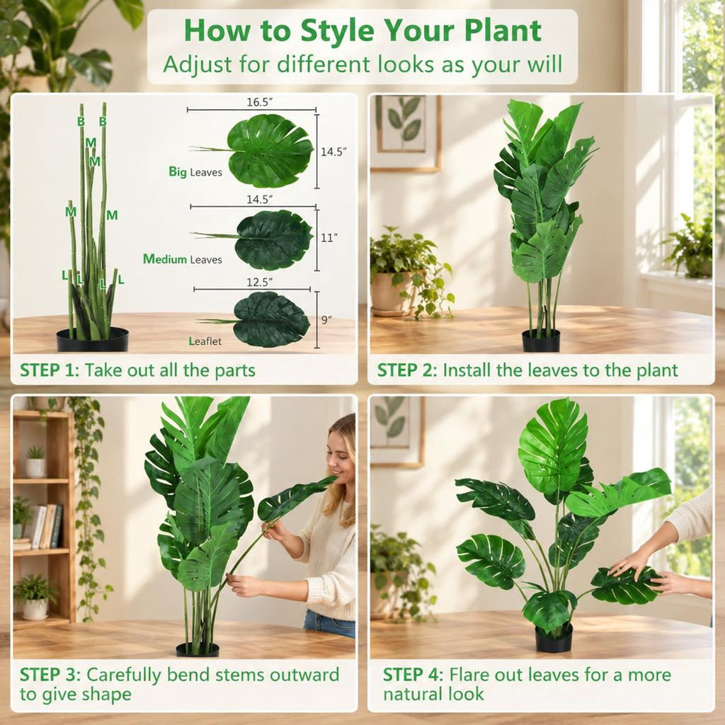 Airfind 2 Pack Artificial Monstera Deliciosa Tree with 10 Leaves of Different Sizes, PEVA plastic wire cement Frame, Green Black