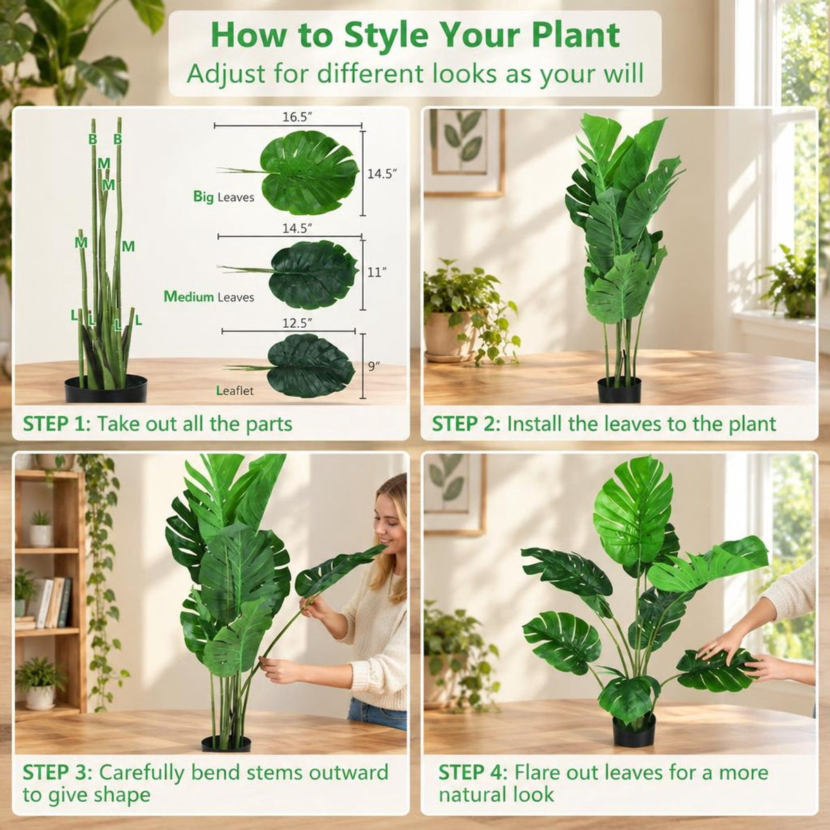 Airfind 2 Pack Artificial Monstera Deliciosa Tree with 10 Leaves of Different Sizes, PEVA plastic wire cement Frame, Green Black