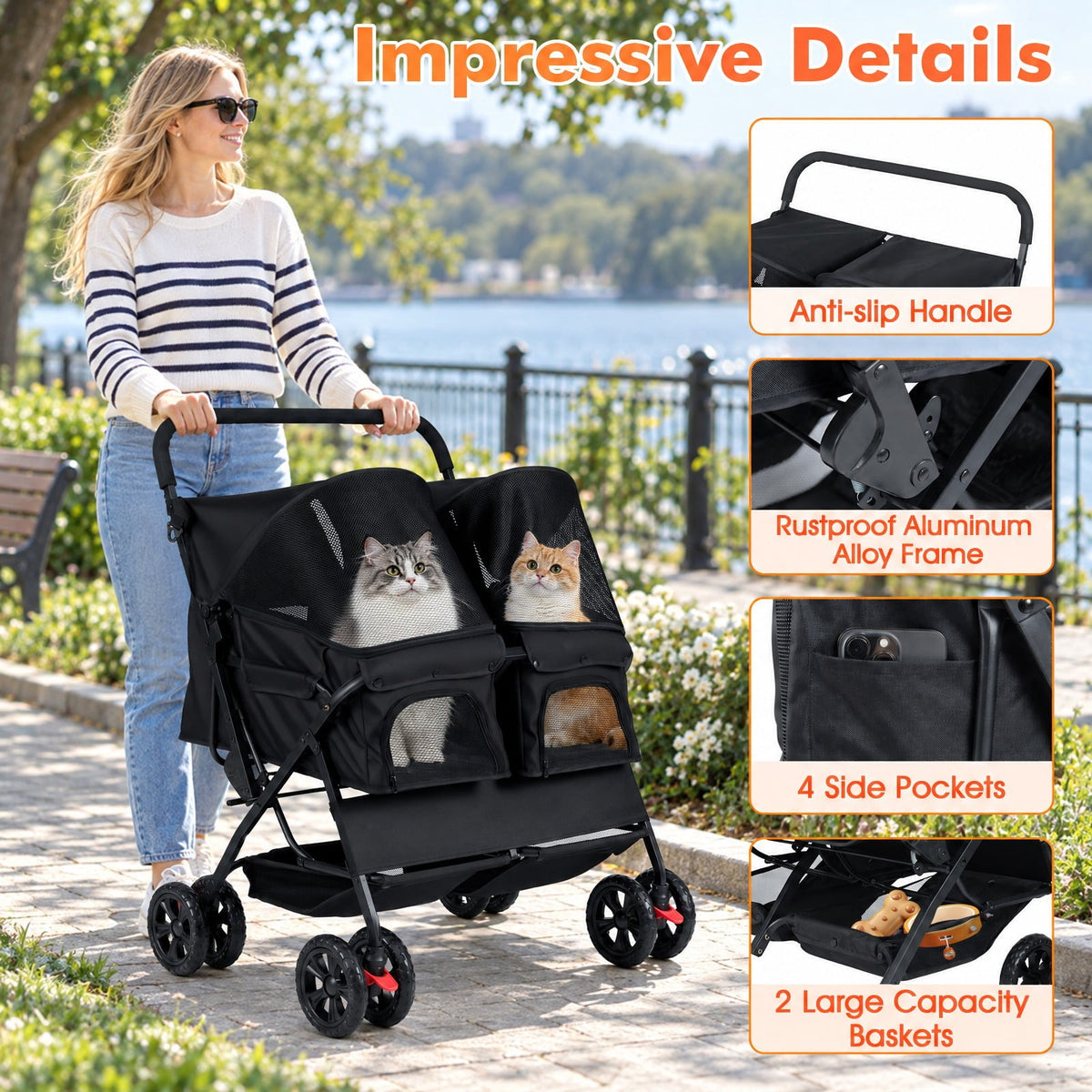 Airfind Foldable Double Pet Stroller with Adjustable Sunshade and Storage Basket, Aluminium Alloy Oxford Fabric PP EVA Frame, Black