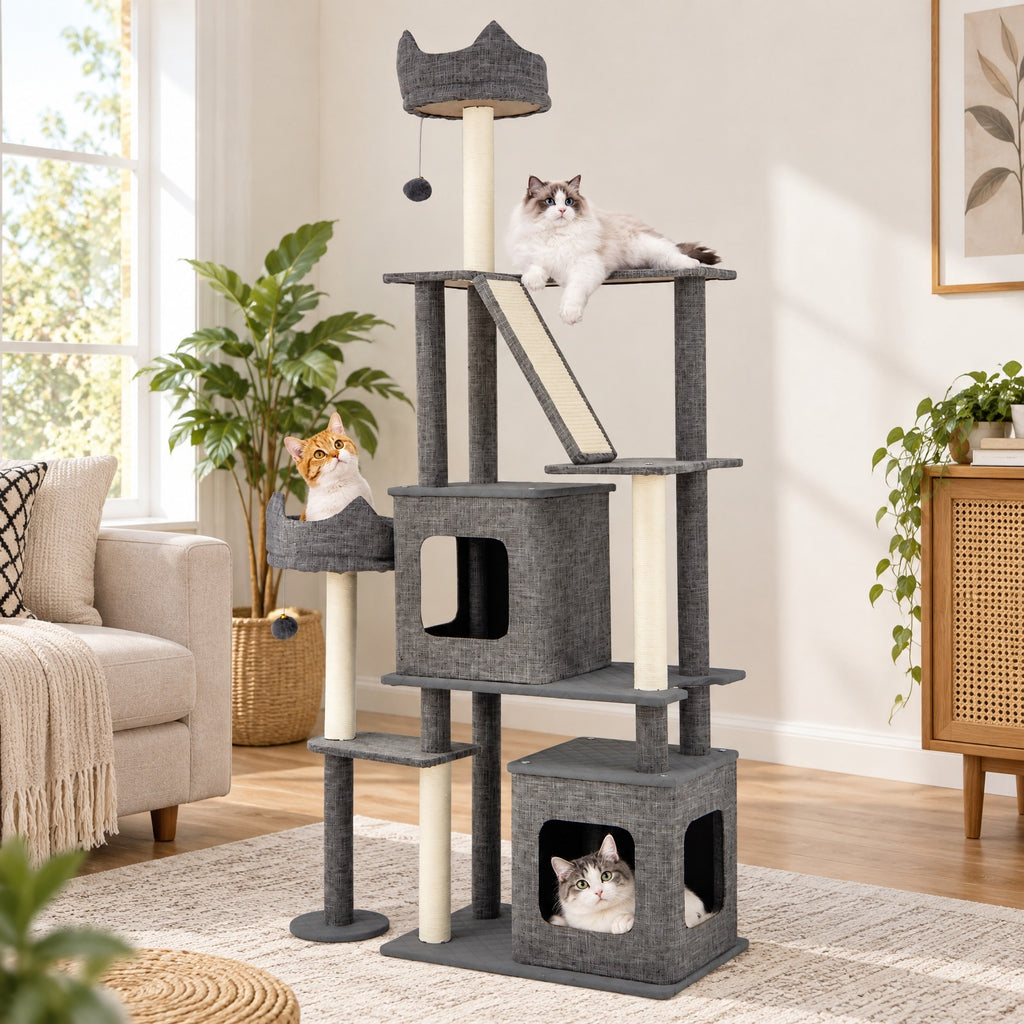 Airfind 71 Inch Tall Cat Tree Multi-Level Large Cat Tower with Scratching Posts, 33 lbs Capacity, 34in x 16in x 71in Condo Footprint, Grey