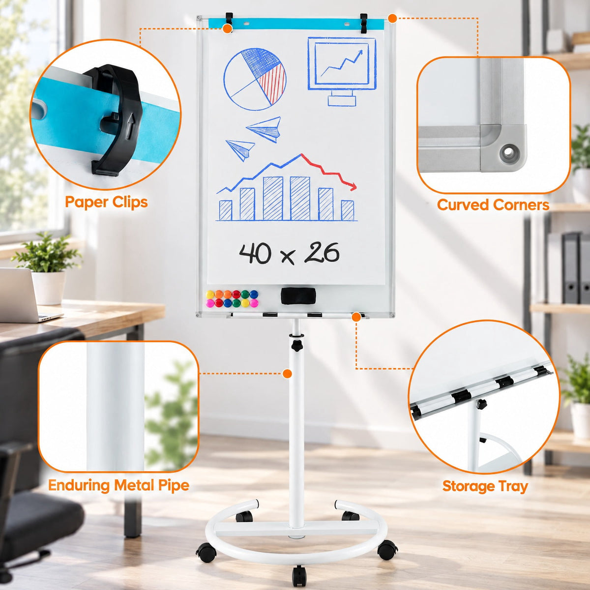 Airfind Height-Adjustable Mobile Whiteboard with Round Stand Paper Clips, Plastic Metal Frame, 26 x 24 x 52-75.5 Footprint, White