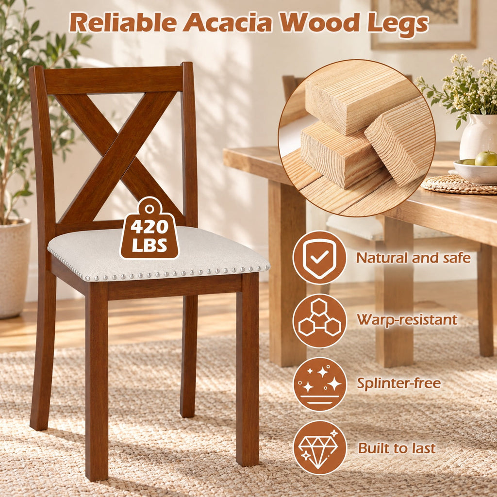 Airfind Wooden Dining Chair Set of 2 with Padded Seat and Curved Back, 420 lbs Capacity, Acacia Wood Plywood Linen Fabric Sponge Frame, Beige