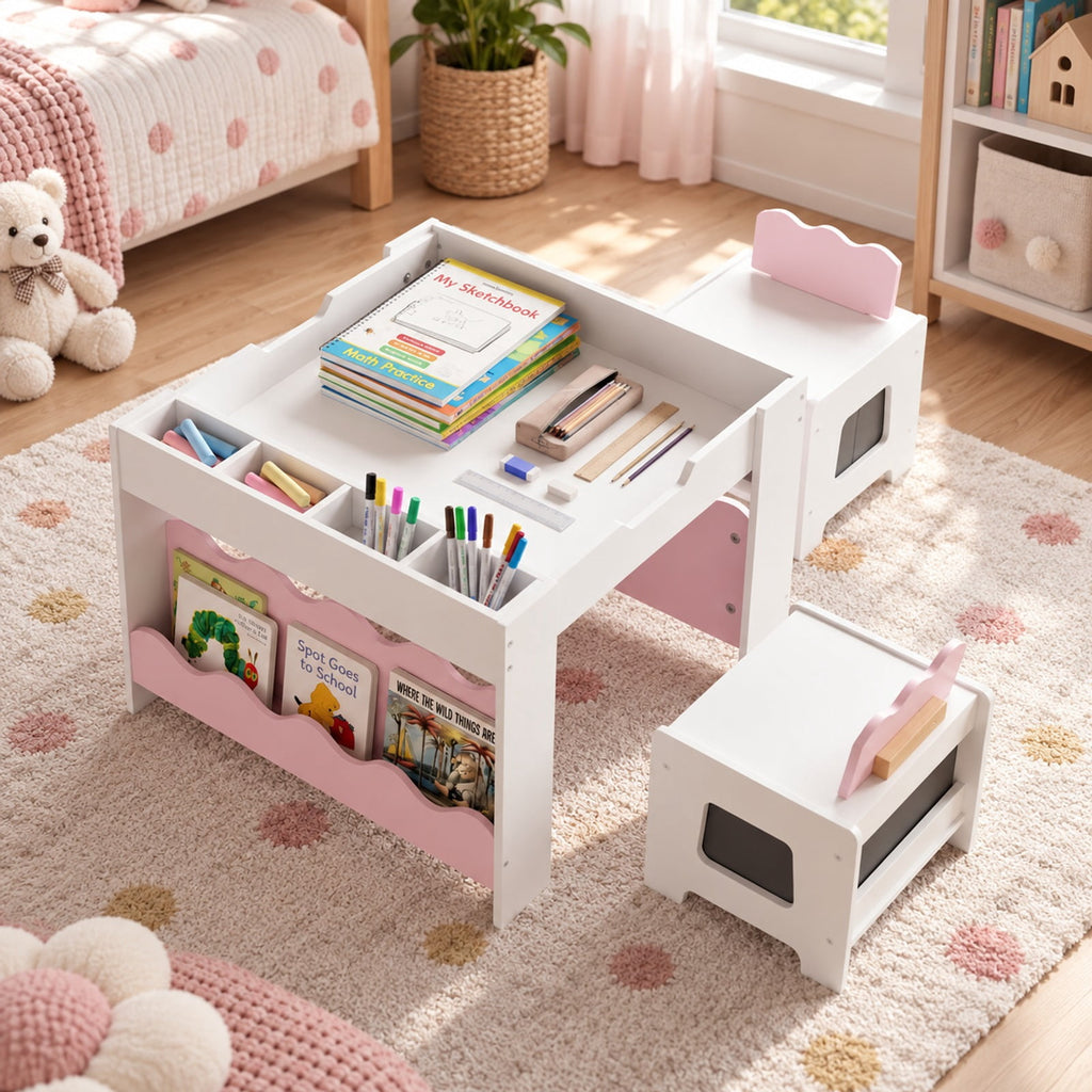 Airfind Youth Table and Chairs Set, Multi-purpose Activity, with Double-sided Tabletop, 55 lbs Capacity, MDF Frame, 26 Inch x 25 Inch x 19 Inch Footprint, Pink