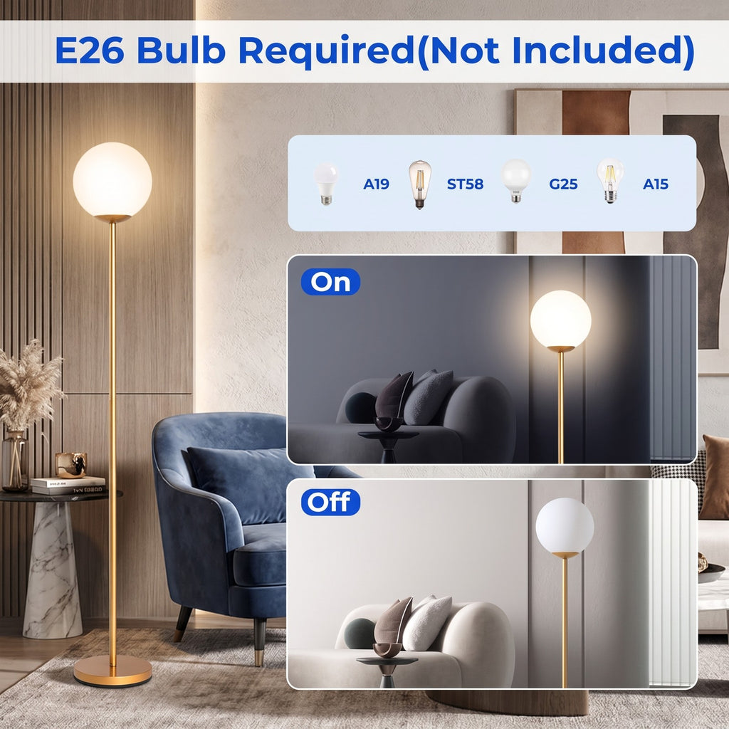 Airfind Glass Globe LED Floor Lamp with Glass Lampshade, A3 steel Frame, 8in x 10in x 65in (L x W x H) Lampshade Footprint, Golden