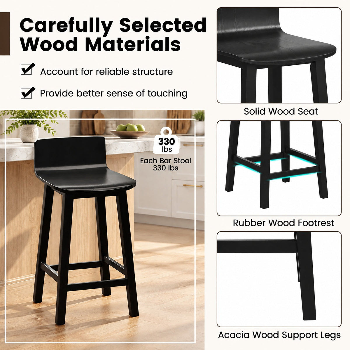 Airfind Wood Bar Stools Set of 2 with Solid Back and Seat, Black, Ergonomically designed backrest fits your body curve, for Everyday Home Use