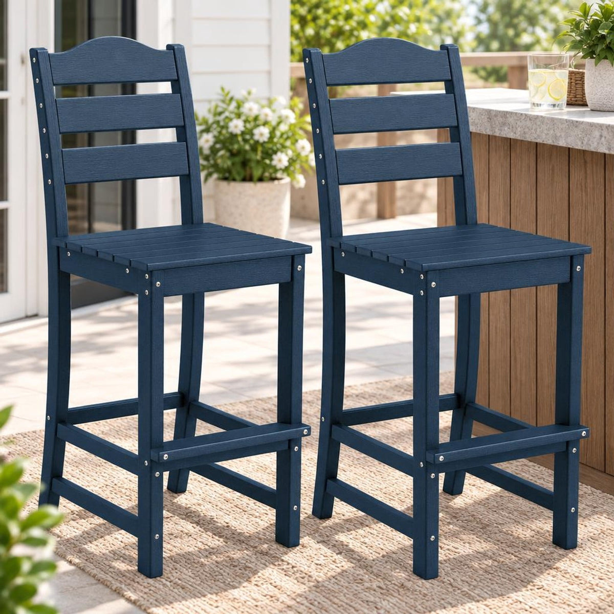 Airfind 30 Inches Counter Height HDPE Bar Stool with Backrest and Footrest, 360 lbs Capacity, HDPE Frame, Navy