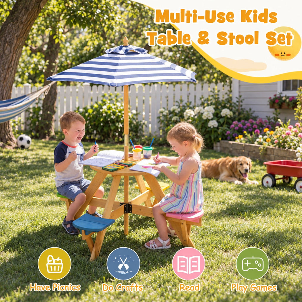 Airfind Kids Picnic Table with Stools and Foldable Adjustable Umbrella for Backyard and Patio, 165 lbs Capacity, Polyester Fabric Frame, Blue