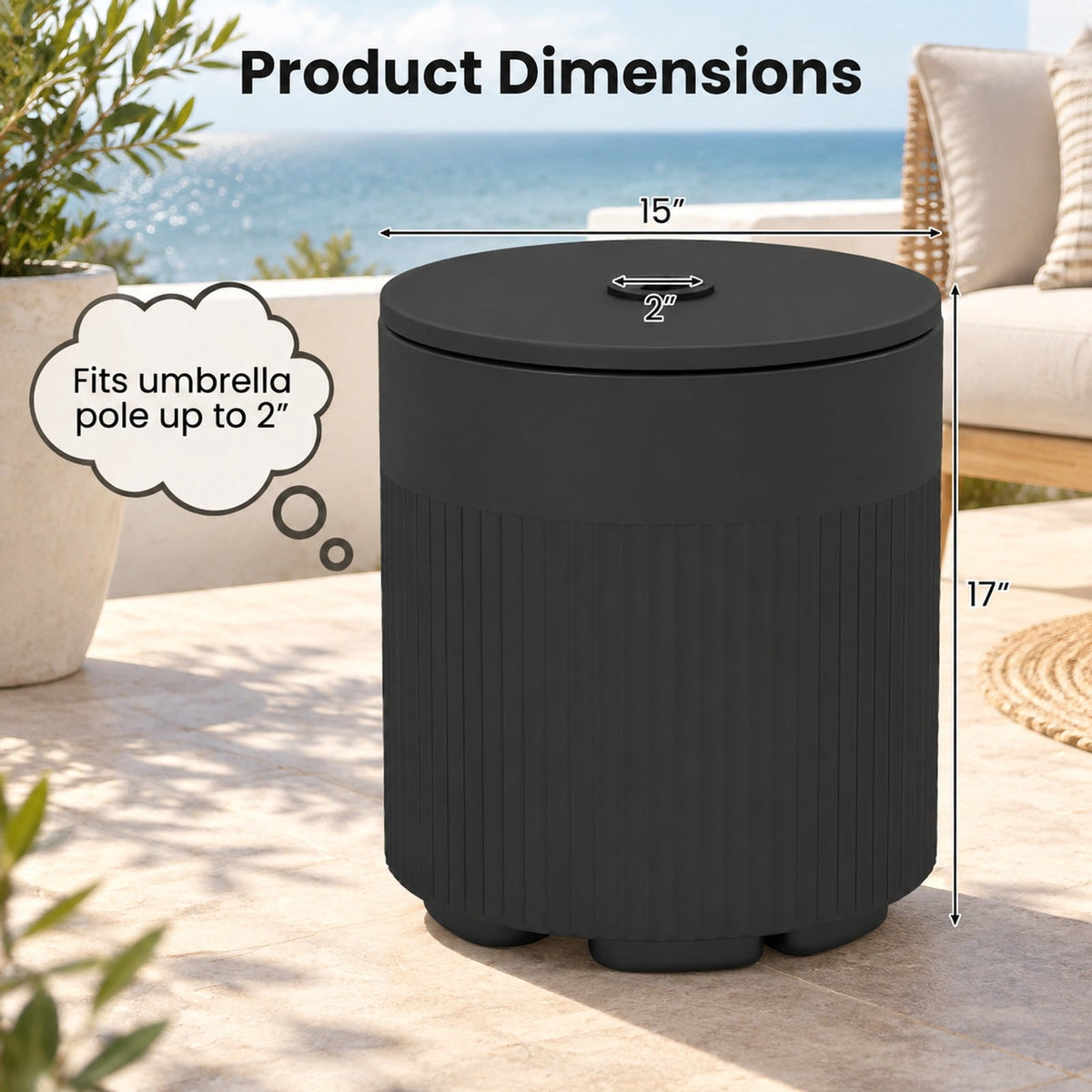 Airfind 3-in-1 All-Weather Outdoor HDPE Umbrella Base with Water Bag and 2 Umbrella Hole for Patio, 15 x 15 x 17 Interior Footprint, Black