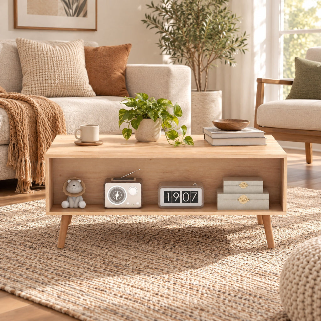 Airfind Rattan Coffee Table Mid Century Modern Center Table with 2 Storage Drawers, 132 lbs Capacity, Natural