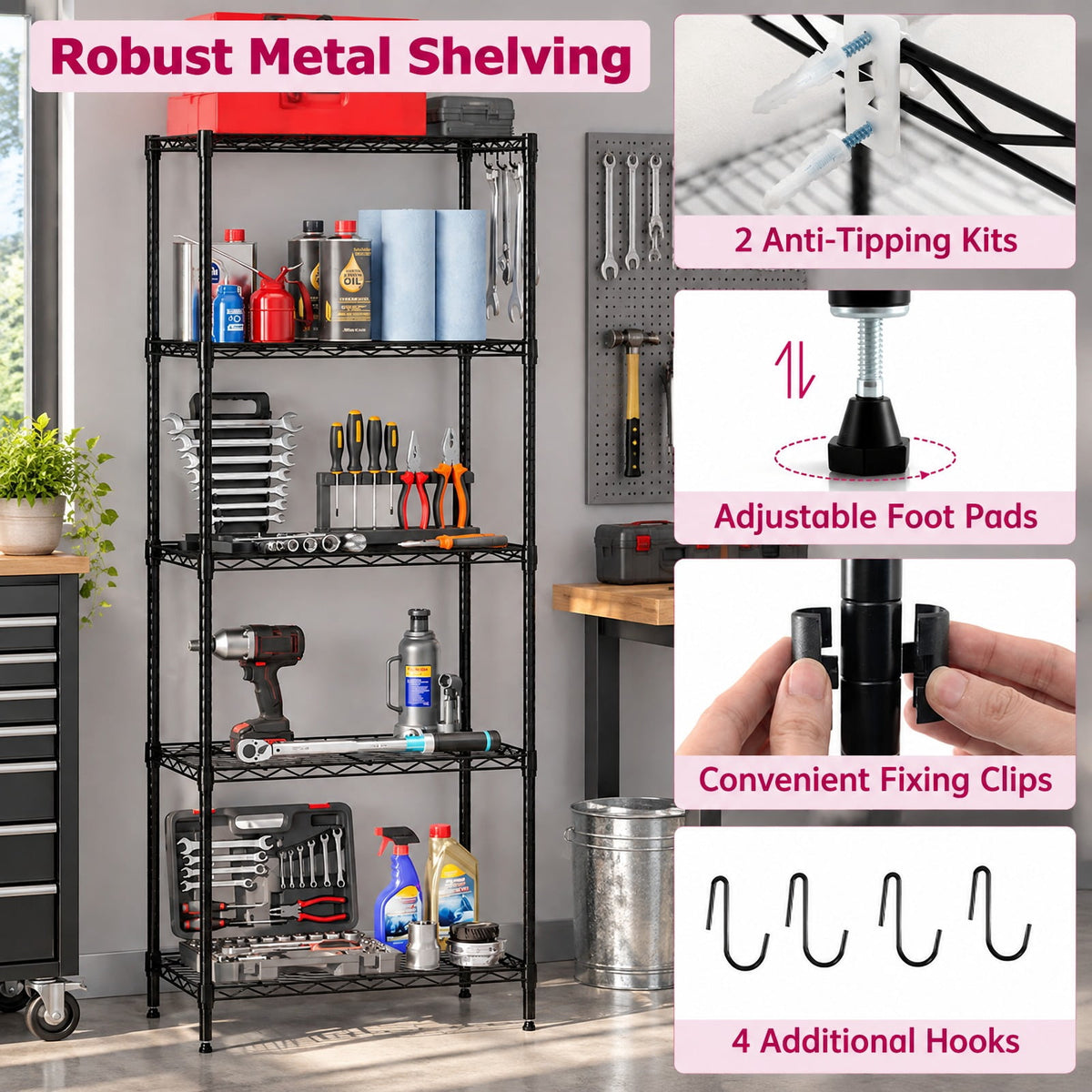 Airfind 5-Tier Metal Storage Shelving Unit with V-Shaped Wire Rack and 750 LBS Capacity, 750 lbs Capacity, Metal Frame, Black