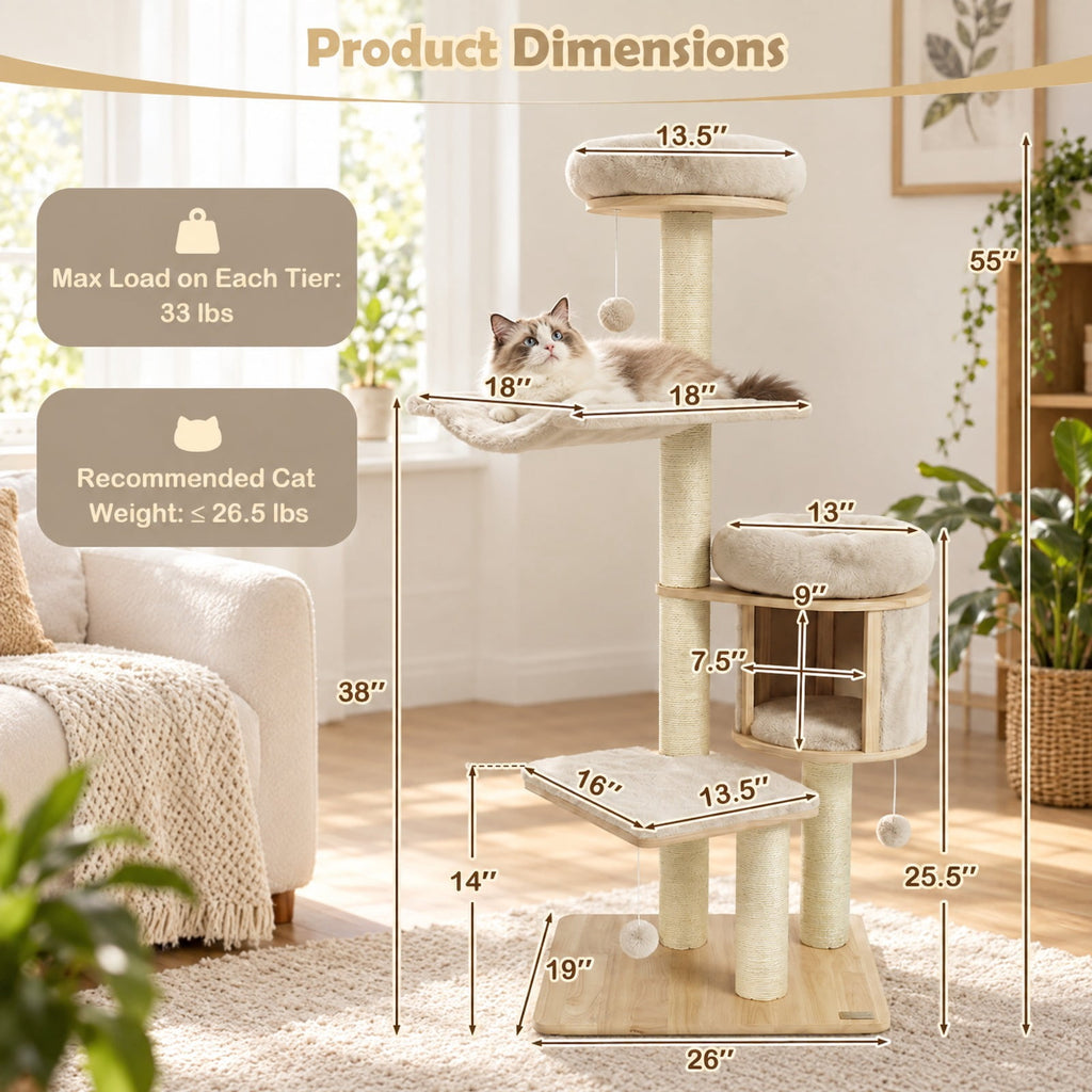 Airfind 55in Solid Rubber Wood Cat Tree with Condo and Hammock and Scratching Posts for Adult Cats, Beige