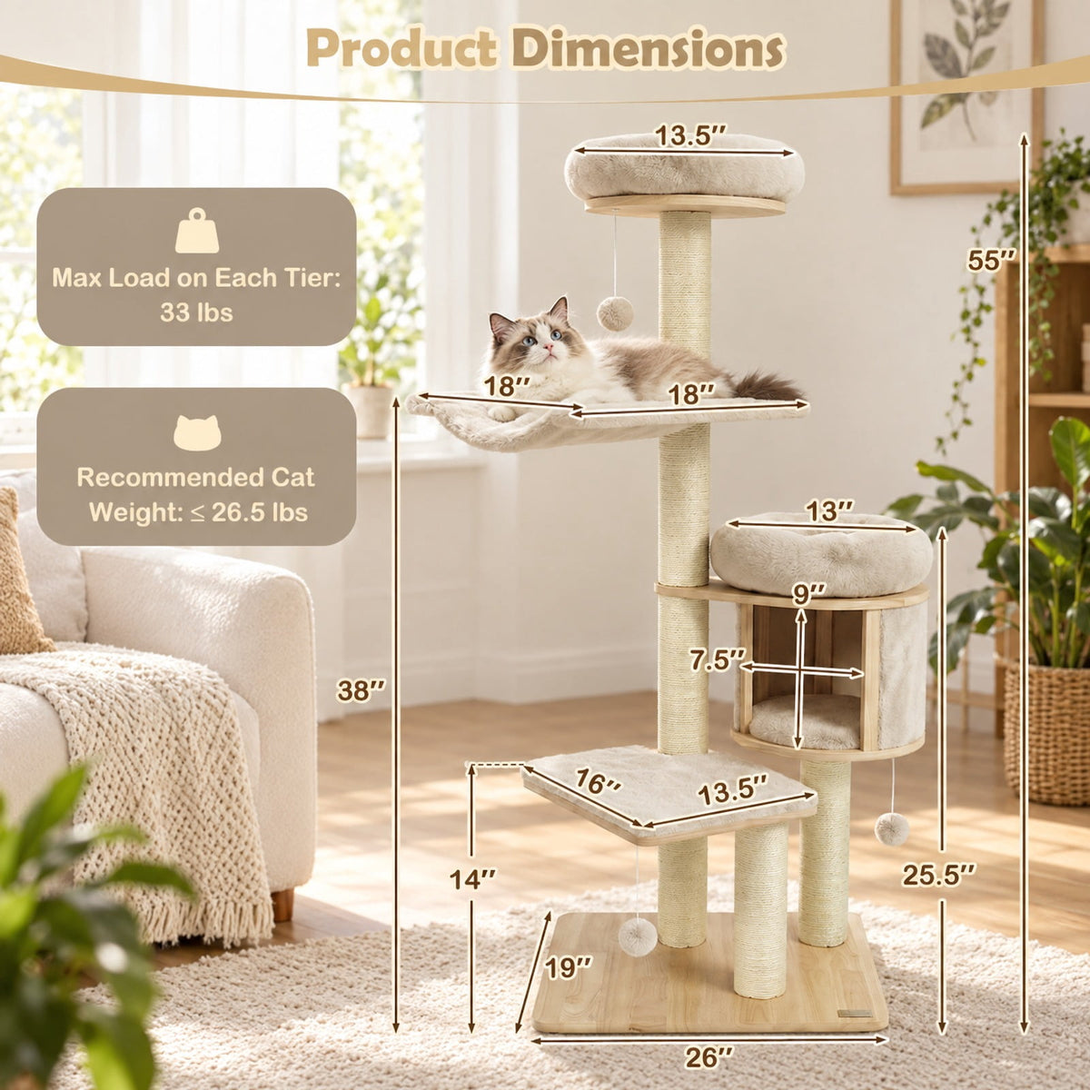 Airfind 55in Solid Rubber Wood Cat Tree with Condo and Hammock and Scratching Posts for Adult Cats, Beige