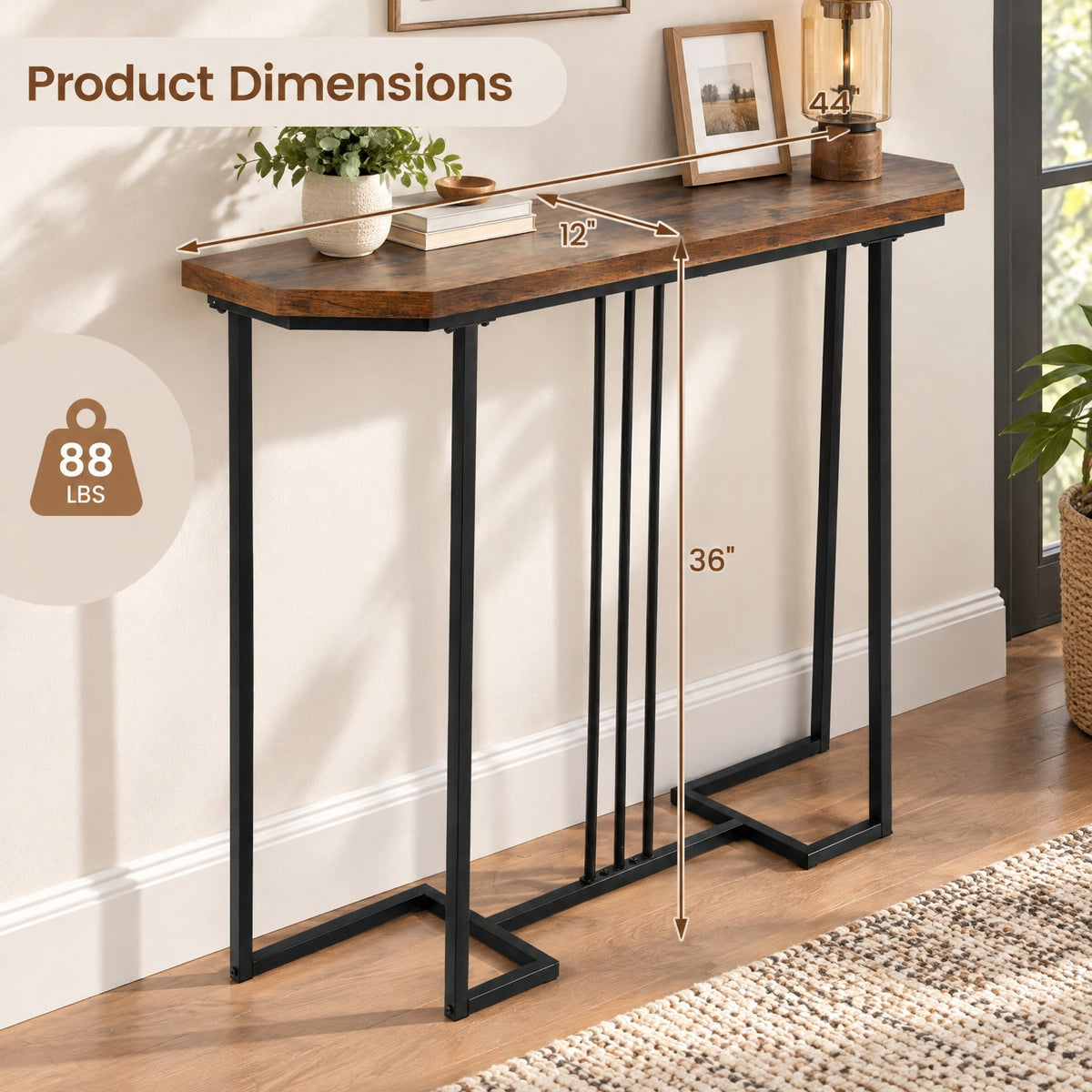 Airfind Modern Console Table Narrow Entryway Table with Metal Legs, 88 lbs Capacity, Engineered Wood Metal Frame, 44 x 12 x 36 Footprint, Brown