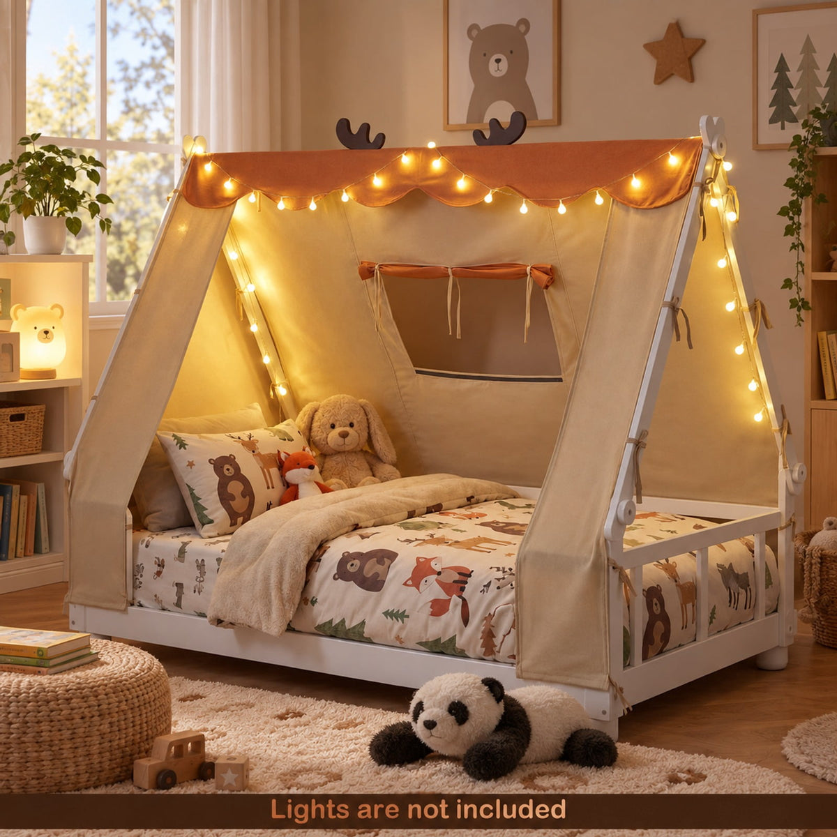 Airfind Twin Size House Floor Wood Bed with Tent, 350 lbs Capacity, Pine Wood Plywood Dutch Velvet Fabric Frame, 81 Inch x 41 Inch x 63 Inch Footprint, White