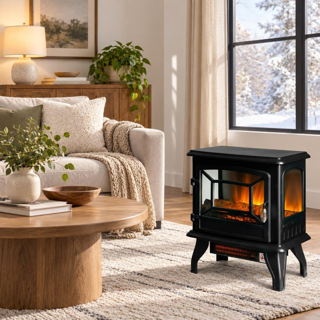 Airfind Freestanding Fireplace Heater featuring Realistic Dancing Flame Effect, 50 lbs Power Rating: 1400W Capacity, Steel Tempered Glass Frame, Black