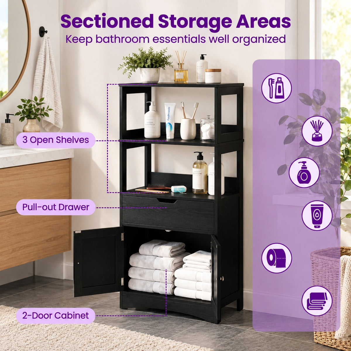 Airfind Bathroom Storage Cabinet with Drawer and Shelf Floor Cabinet, 20 lbs Capacity, MDF PB Frame, Black
