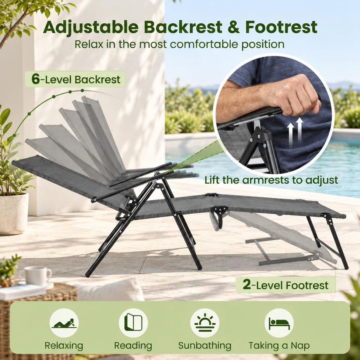 Airfind 2 Piece Patio Folding Chaise Lounge Chairs Recliner with 6-Level Backrest, 61-74.5 x 25 x 25.5-40Folding Footprint, Gray