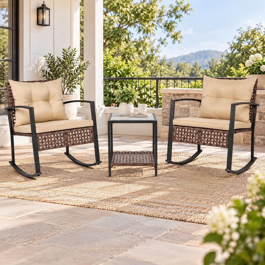Airfind 3-Piece Outdoor Rocking Chair Set, 100 lbs Capacity, PE Rattan Metal Glass Polyester Non-woven Fabric Sponge Frame, Brown
