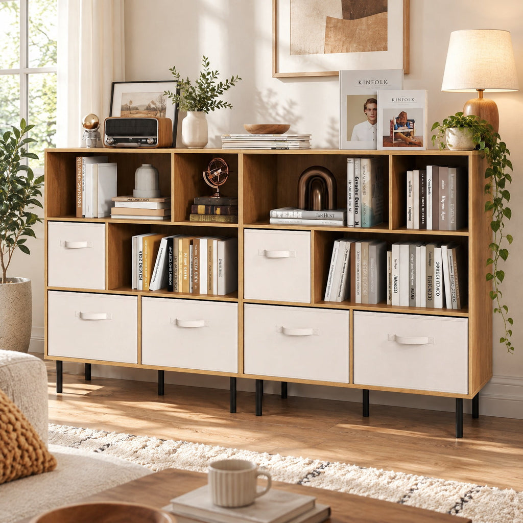 Airfind 6-Cube Bookshelf with 3 Removable Folding Fabric Drawers for Living Room, 330 lbs Capacity, Metal Engineered Wood Frame, Natural
