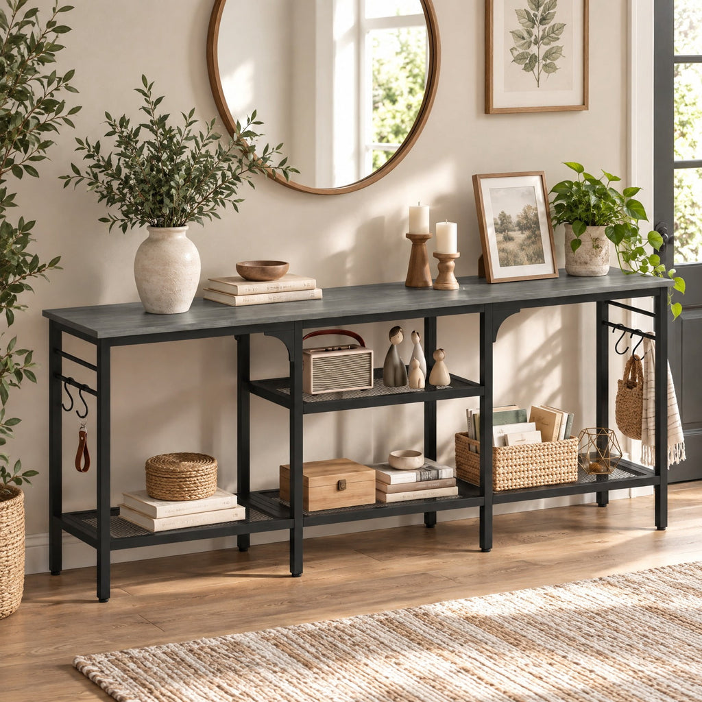 Airfind TV Stand, for TVs up to 65 Inch with 3-Tier Open Shelves and 4 Hooks, 685 lbs Capacity, Engineered Wood Metal Frame, Oak