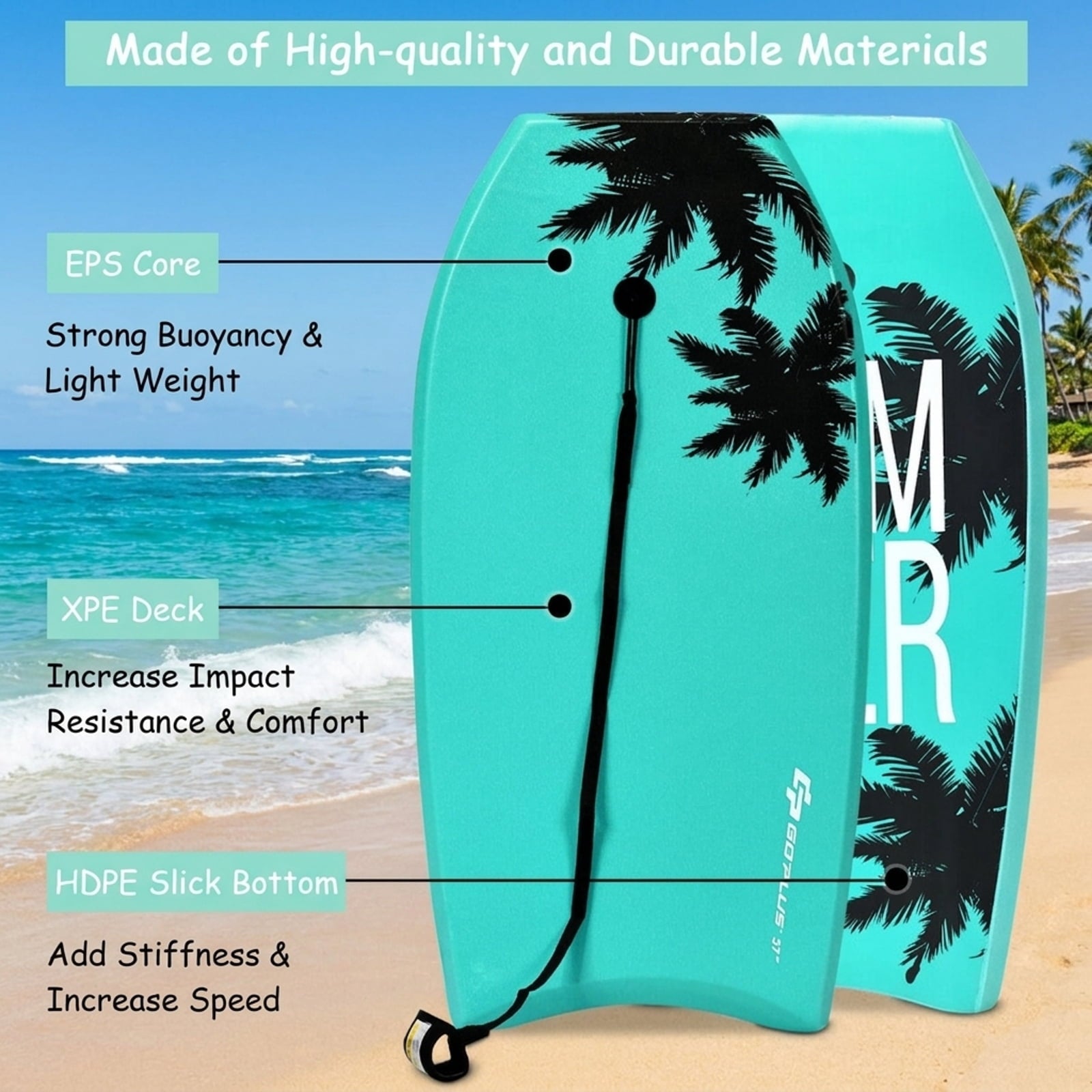 Airfind 33 Inch XPE Bodyboard for Kids ¡ª Soft Deck, EPS Core, HDPE Slick Bottom with Twin Channels, Crescent Tail, Coiled Leash Included (Green)