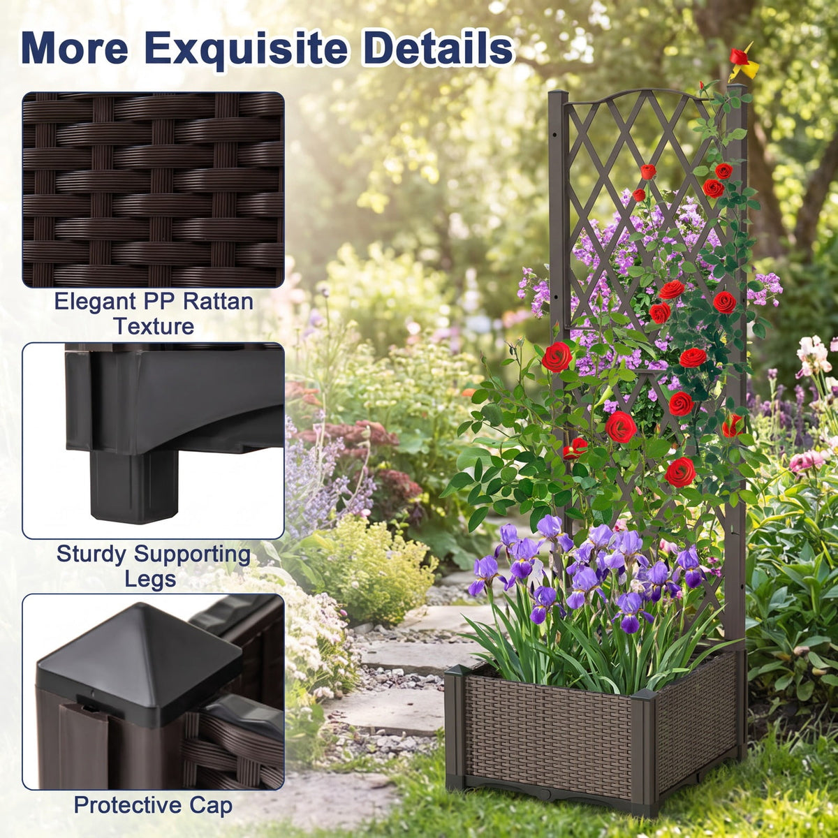 Airfind Raised Garden Bed with Trellis Planter Box for Climbing Plants, PP Frame, 16 x 16 x 48 Footprint, Brown