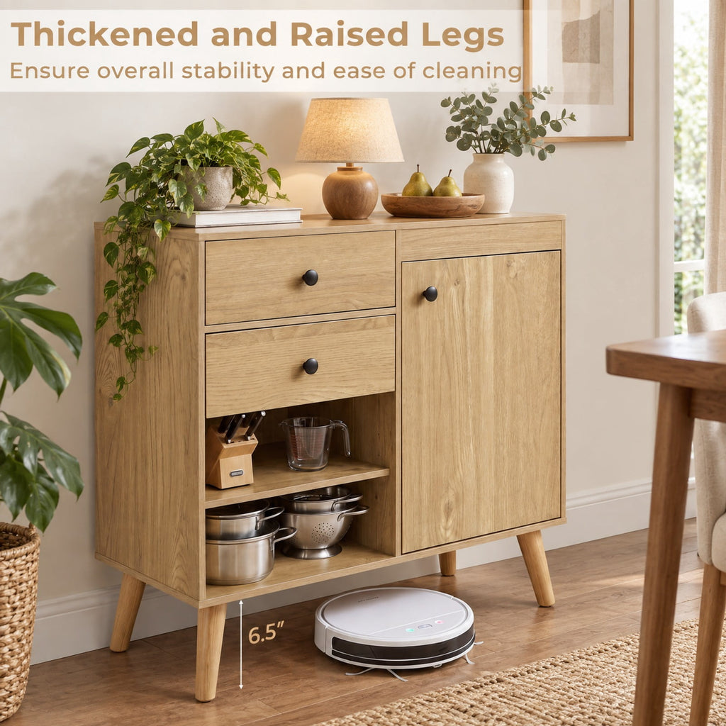 Airfind 31 Inch Sideboard Cabinet, with 2 Open Compartments and 2 Drawers, 135 lbs Capacity, Engineered Wood Frame, 31 Inch x 14 Inch x 31 Inch Footprint, Natural