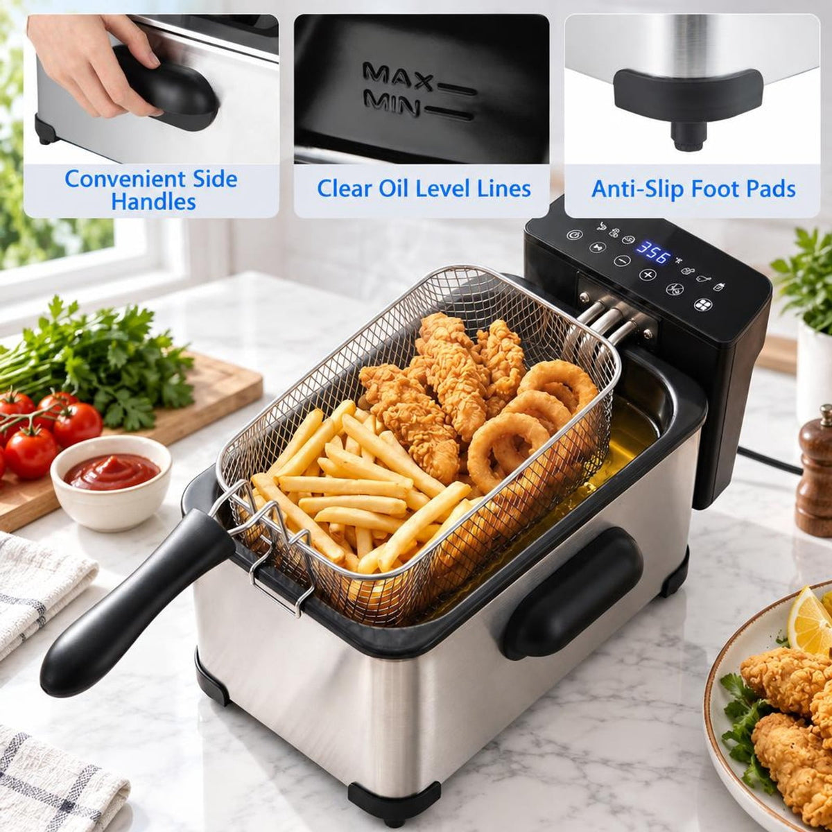 Airfind 3.2-Qt Electric Deep Fryer featuring 1700W LED Touch Screen and Enamel Oil Tank, Stainless Steel PP Enamel Frame, Silver