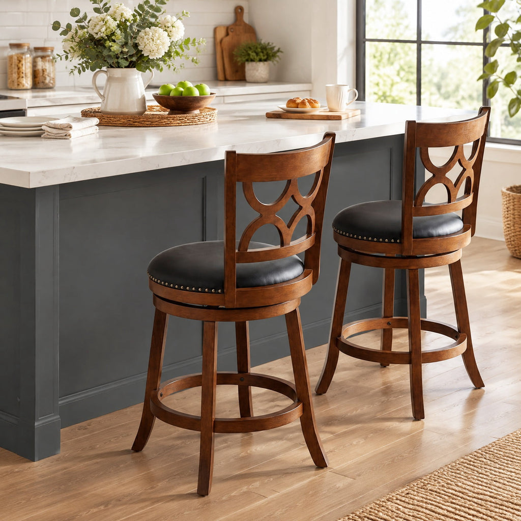 Airfind Swivel Bar Stools Set of 2 with High Backrest and Wood Frame-24 Inches, 330 lbs Capacity, Rubber Wood PVC Leather Sponge Frame, Expresso